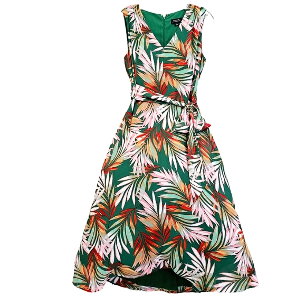Nwot Tahari By Arthur Levine Green,Pink,Red Orange Tropical Leaf Maxidress
